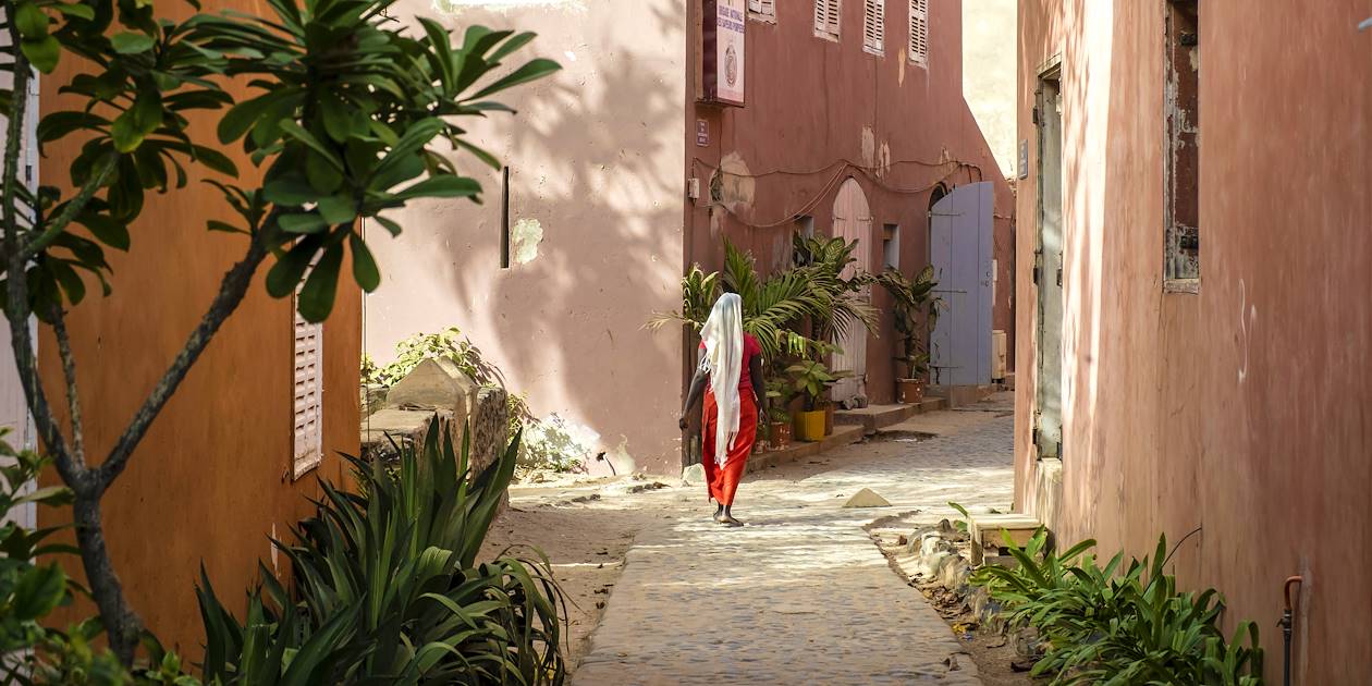 Scène de vie dans une rue colorée de l'Île de Gorée - Sénégal