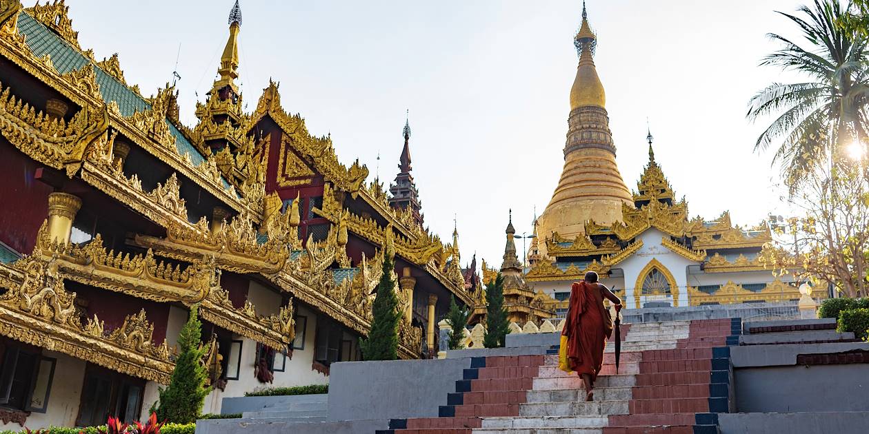 Moine se dirigeant vers la pagode de Shwedagon - Rangoon - Birmanie