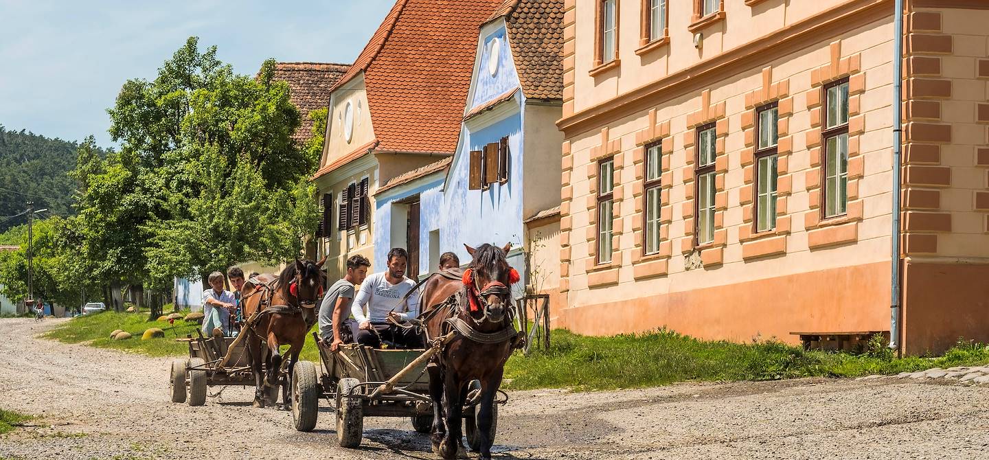 Charrettes dans le village de Viscri - Transylvanie - Roumanie