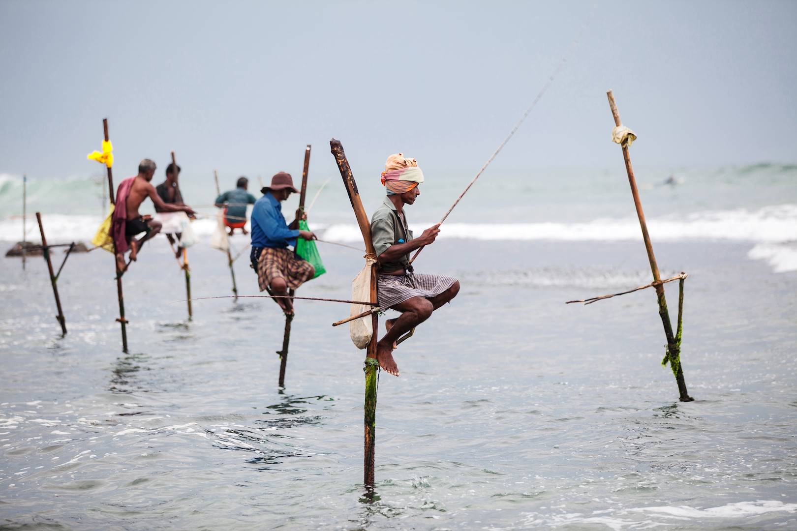 Pêcheurs sur pilotis au Sri Lanka