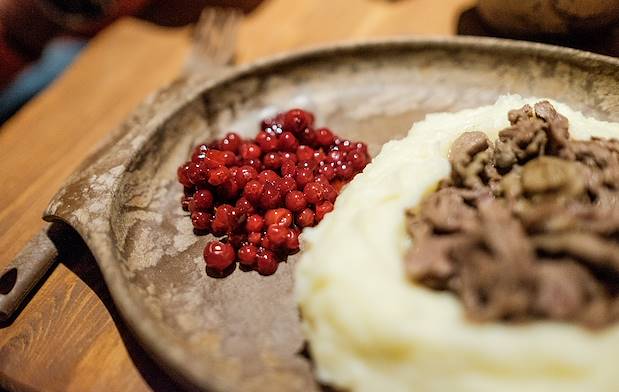 Plat traditionnel à base de rennes, purée maison et airelles - Laponie - Finlande