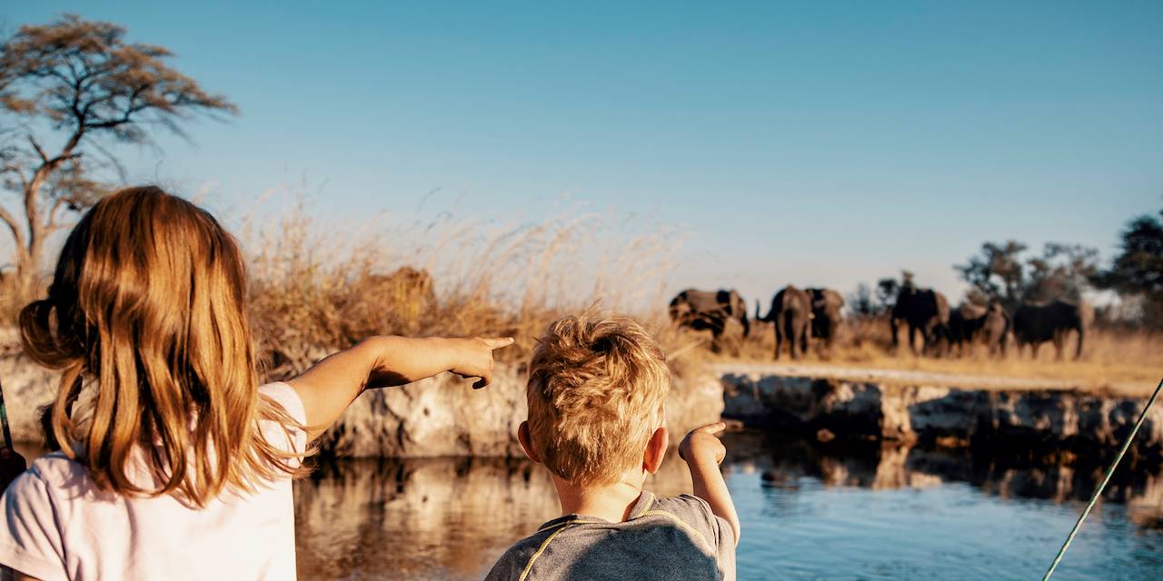 Enfants regardant un groupe d'éléphants en Namibie