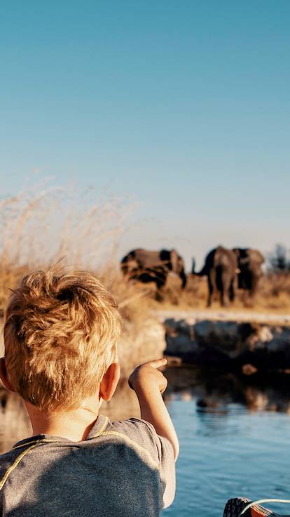 Enfants regardant un groupe d'éléphants en Namibie